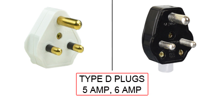 TYPE D Plugs are used in the following Countries:
<br>
Primary Country known for using TYPE D plugs is Afghanistan, India, South Africa.

<br>Additional Countries that use TYPE D plugs are 
Bangladesh, Botswana, Lesotho, Mozambique, Namibia, Nepal, Pakistan, Sri Lanka, Sudan, Swaziland.

<br><font color="yellow">*</font> Additional Type D Electrical Devices:

<br><font color="yellow">*</font> <a href="https://internationalconfig.com/icc6.asp?item=TYPE-D-CONNECTORS" style="text-decoration: none">Type D Connectors</a> 

<br><font color="yellow">*</font> <a href="https://internationalconfig.com/icc6.asp?item=TYPE-D-OUTLETS" style="text-decoration: none">Type D Outlets</a> 

<br><font color="yellow">*</font> <a href="https://internationalconfig.com/icc6.asp?item=TYPE-D-POWER-CORDS" style="text-decoration: none">Type D Power Cords</a> 

<br><font color="yellow">*</font> <a href="https://internationalconfig.com/icc6.asp?item=TYPE-D-POWER-STRIPS" style="text-decoration: none">Type D Power Strips</a>

<br><font color="yellow">*</font> <a href="https://internationalconfig.com/icc6.asp?item=TYPE-D-ADAPTERS" style="text-decoration: none">Type D Adapters</a>

<br><font color="yellow">*</font> <a href="https://internationalconfig.com/worldwide-electrical-devices-selector-and-electrical-configuration-chart.asp" style="text-decoration: none">Worldwide Selector. All Countries by TYPE.</a>

<br>View examples of TYPE D plugs below.
